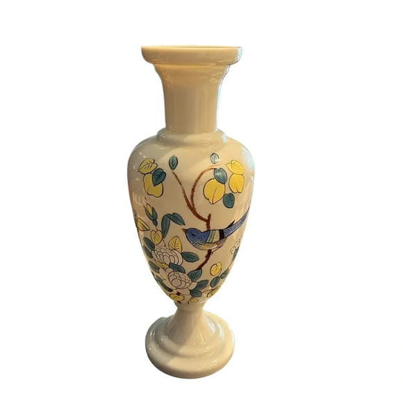 Antique Bristol Glass Victorian Gray Hand Painted Vase Bird Flowers Butterfly - Picture 1 of 10